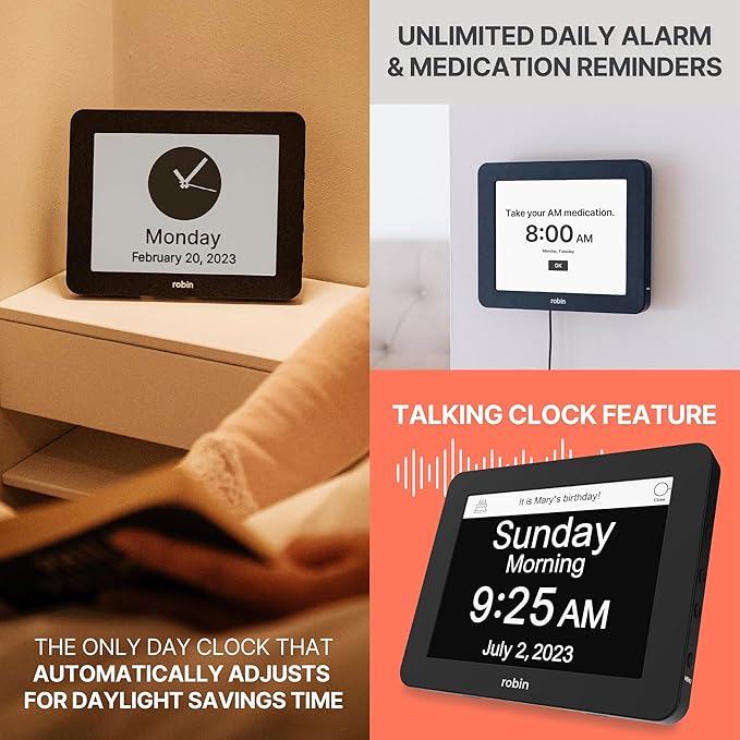 Robin Day Clock 2026 for Seniors, 8" Large Digital Calendar Dementia Clock with Talking Function, Alarms, Easy-to-Read Display for Elderly, Day Date Time, Medication Reminder, DST, Black