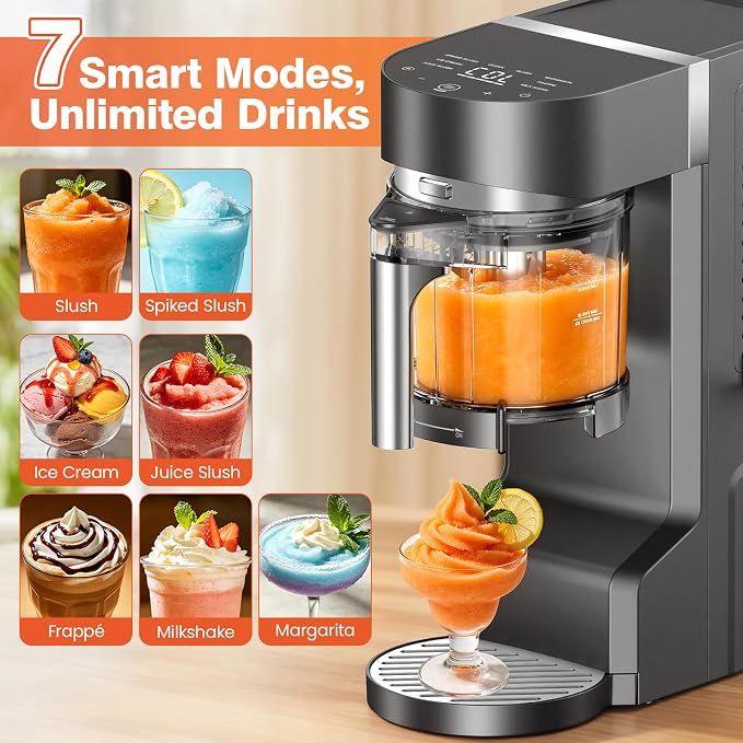 Slushie Machine, Ice Cream Maker, Slushy Machine for Home and Families, No ice needed with Rapid Chill & Temperature Control, Multi-function for Margarita, Frappé, Easy to Clean, Grey