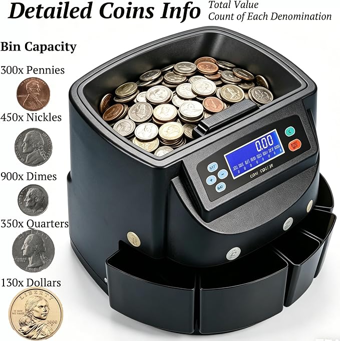 Professional Coin Counter Coin Sorter and Wrapper Machine, Accurate Smooth All USD Coins Change Sorter and Wrapper, with 5 Coin Bins & 5 Coin Tubes, 4 Sets Wrappers, 270pcs/min