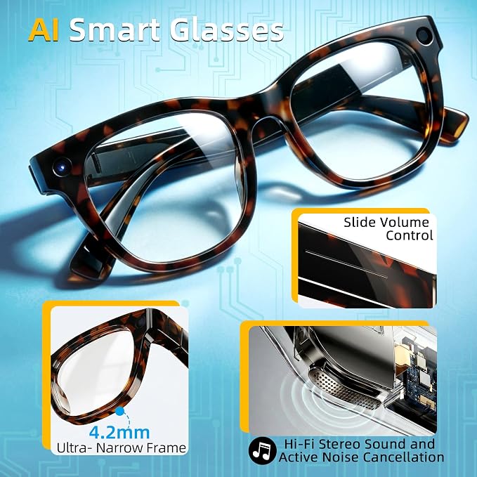 AI Smart Glasses with 13MP Camera & Real-Time Translation,4K HD Video Recording for Vlogging, Voice Assistant, Open-Ear Audio, Photochromic Lenses for Business and Travel.