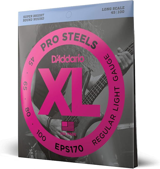 D'Addario XL ProSteels Bass Guitar Strings - EPS170 - Long Scale - Regular Light, 45-100