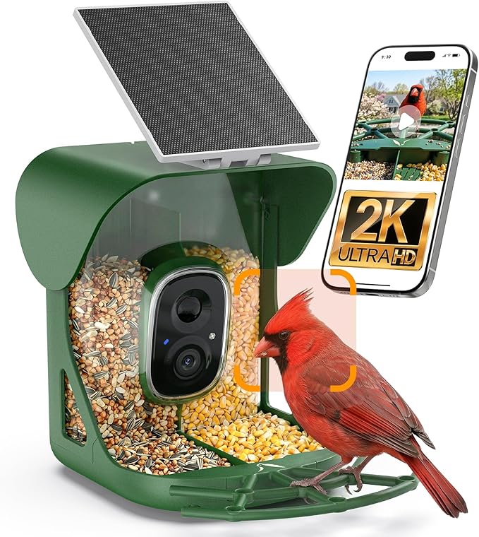 Smart Bird Feeder with Camera, AI Identify Birds Species, 2K HD Color Night Vision, IP65 Waterproof Solar Powered Bird Feeder with 142° Wide Angle, Auto Capture & Real-Time Notifications, Ideal Gift
