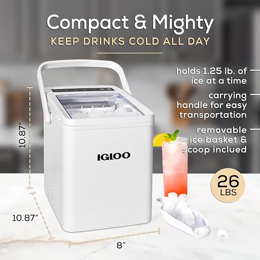 Igloo Automatic Self-Cleaning Portable Electric Countertop Ice Maker Machine With Handle, 26 Pounds in 24 Hours, 9 Ice Cubes Ready in 7 minutes, With Ice Scoop and Basket, White