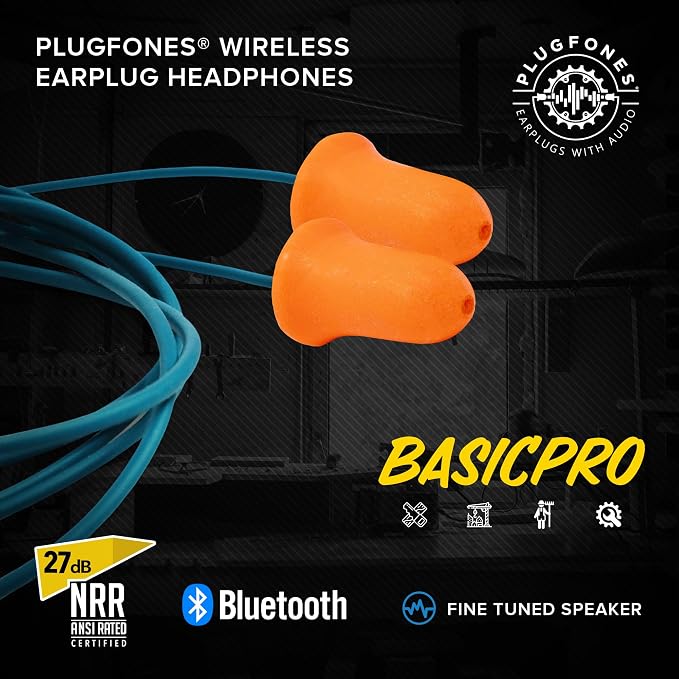 Plugfones Basic Pro Bluetooth Earplug Headphones for Work, 27dB NRR Replaceable Foam Earplugs, OSHA Compliant Hearing Protection, Wireless Safety Earbuds with Noise-Isolating Mic (Blue & Orange)