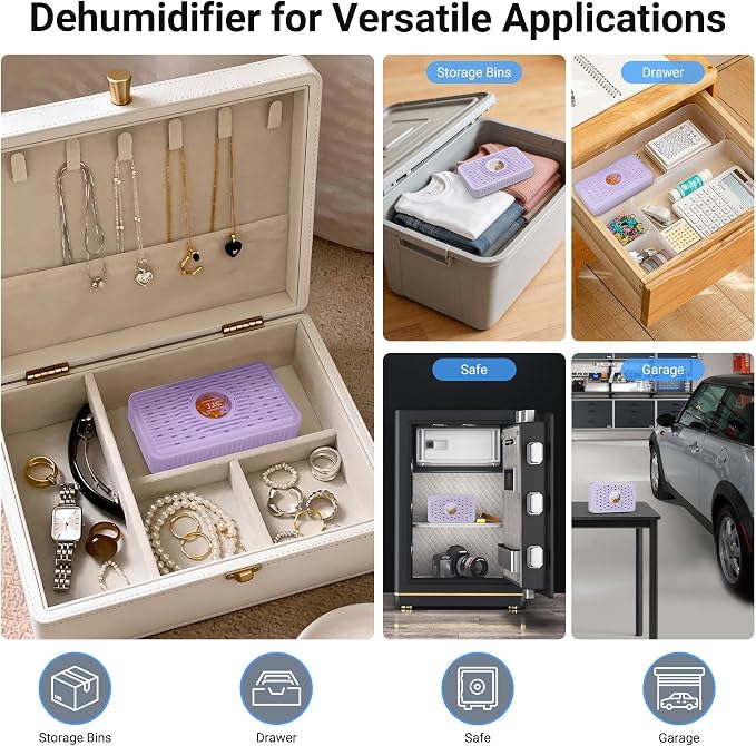 Auto Power-off Cordless Rechargeable Mini Dehumidifier Desiccant,Electric Moisture Absorption Silica Gel Packet for Storage Totes Jewelry Display Cabinet Guitar Case Drawer Photo Album Document-Purple