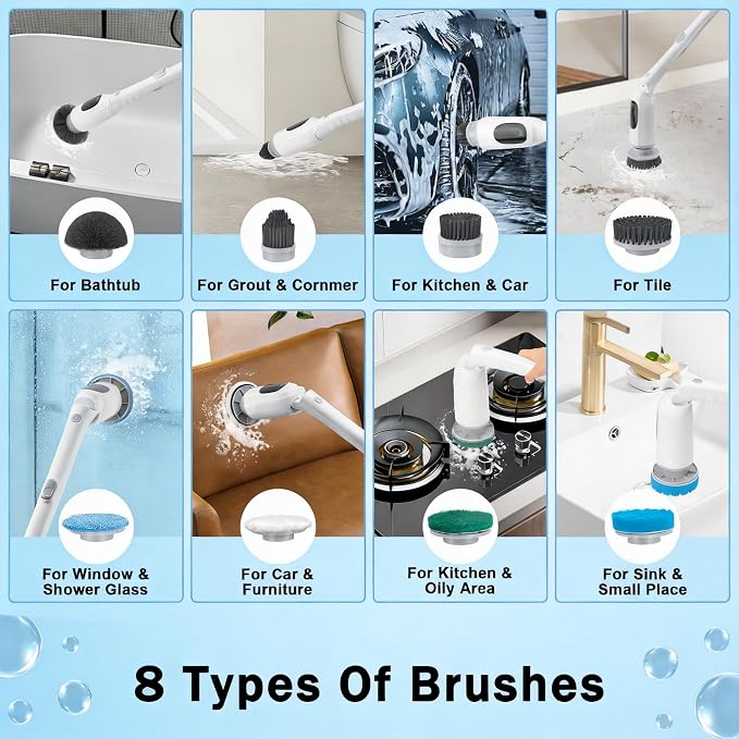 Electric Spin Scrubber, Cordless Power Scrubber with Adjustable Long Handle, 3 Speeds with IPX7 Bathroom Scrubber, 8 Brush Heads, Electric Cleaning Brush for Bathroom/Kitchen/Bathtub/Crack/Floor/Car