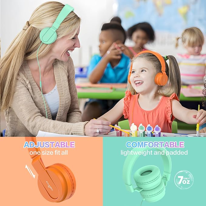 Classroom Headphones Bulk 10 Pack - Kids Headphones for School K-12 Student, 93dB Volume Limited On-Ear Wired Headset with Microphone, Durable 3.5mm Jack for Class Set Library Computer (Mixed Color)