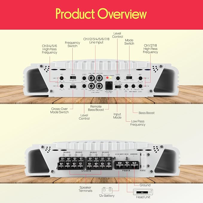 Pyle Hydra Marine Amplifier - Upgraded Elite Series 3000 Watt 8 Channel Bridgeable Amp Tri-Mode Configurable, Waterproof, MOSFET Power Supply, GAIN Level Controls and RCA Stereo Input - PLMRA830BT