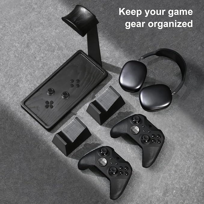 UPERGO Headset Stand with 2 Controller Holders - Solid Wood & Metal Gaming Headphone Holder for Switch, Controllers, and Desk Accessories (Black)