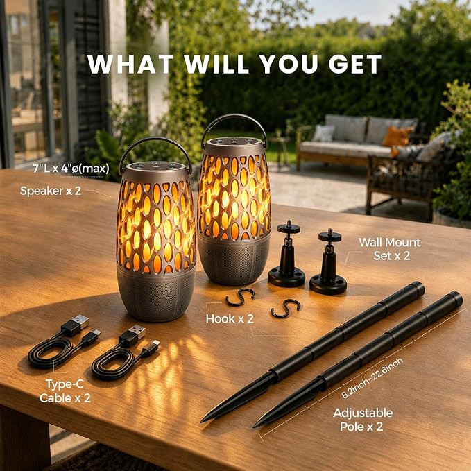 Outdoor Bluetooth Speaker with Flame Lights with IPX6 Waterpoof,10W HD Stereo Sound, Bluetooth 5.3 Led Flame Speaker,Decorations for Party Garden Patio (2 Pack)
