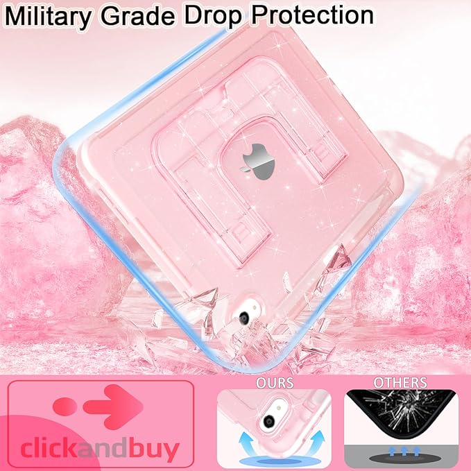 CCMAO Case for iPad (A16) 11th 11" 2025, iPad 10th Generation 2022 with Pencil Holder & Kickstand, Shockproof Protective Slim Thin iPad Case with Glitter Back Cover, Pink Glitter