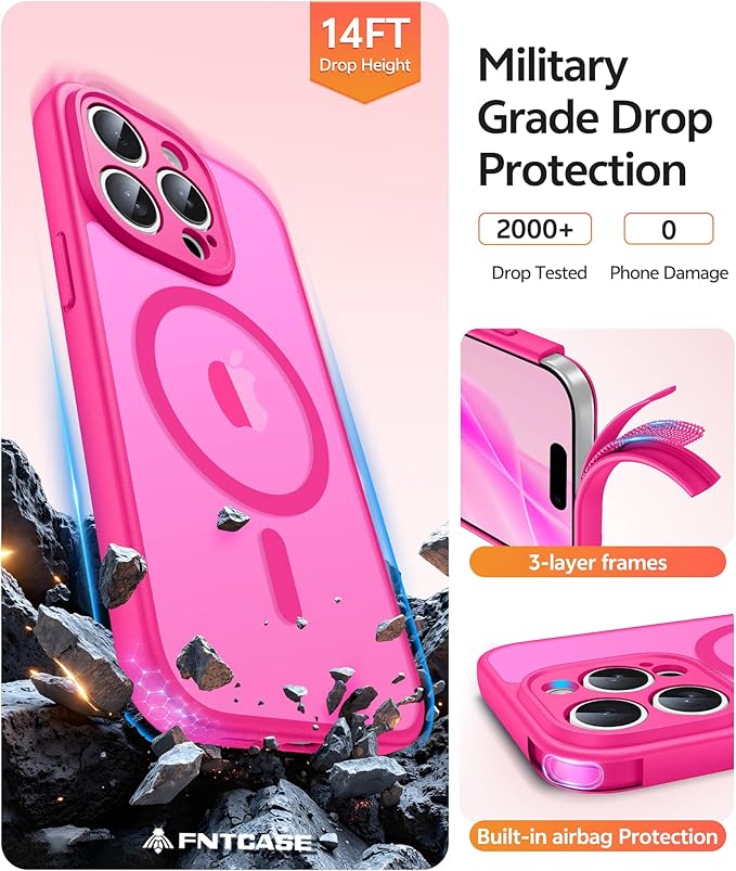FNTCASE for iPhone 15 Pro Case: [Compatible with Magsafe] Translucent Matte Cases with [Full Camera Protection] [Screen Protector] Military Grade Shockproof Protective Phone Cover - Hot Pink