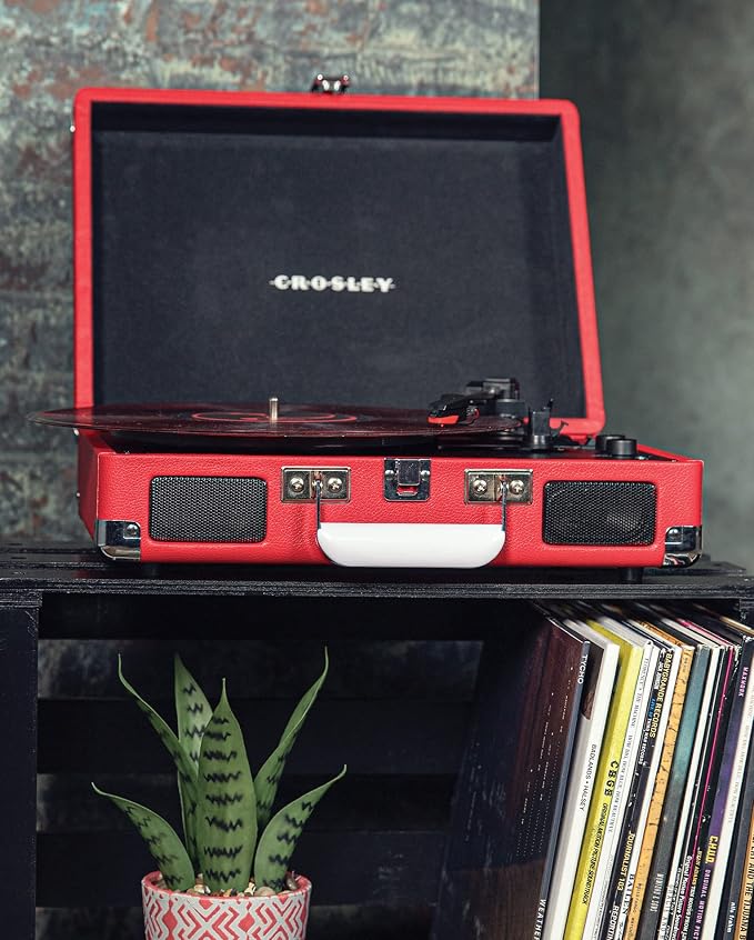 Crosley CR8005DP-RE1 Cruiser Plus Vintage 3-Speed Bluetooth in/Out Suitcase Vinyl Record Player Turntable, Red