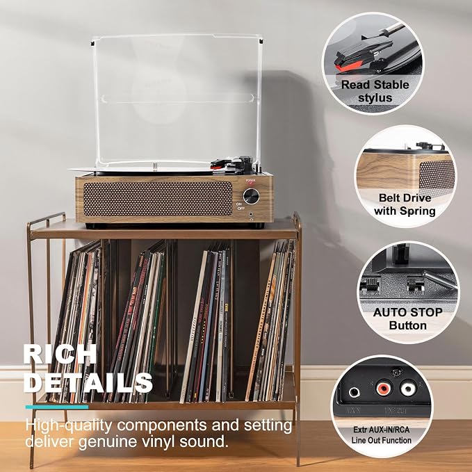 Vinyl Record Player with Speakers Vintage Turntable Vinyls Records Belt-Driven Turntables Support 3-Speed Wireless Playback Headphone AUX RCA Line LP Vinyl Players for Sound Enjoyment Retro Wood Cyan