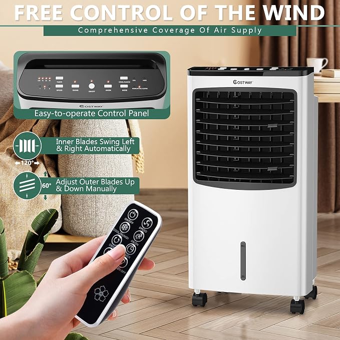 Rolling Evaporative Air Cooler, 3-in-1 Air Conditioner w/Fan & Humidifier, Portable Bladeless Quiet Electric Fan with Remote Control & Casters, 2 Ice Box & 8 Liter Water Tank for Home/Office
