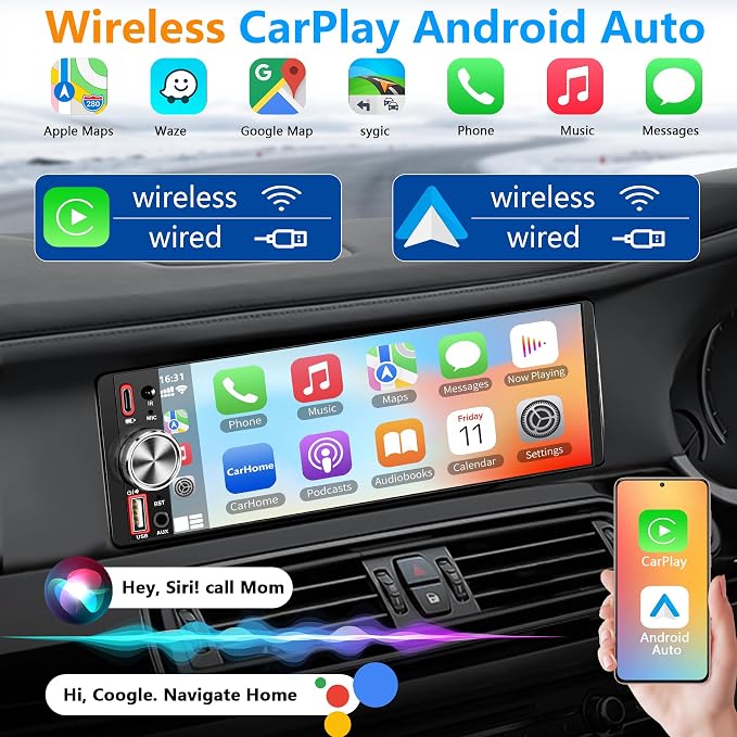 Single Din Car Stereo with Wireless Apple CarPlay & Android Auto, 6.5" IPS Touchscreen Bluetooth, Single Din Car Radio with Backup Camera, GPS Navigation, USB/Type-C, FM/AM, EQ, AUX, MIC