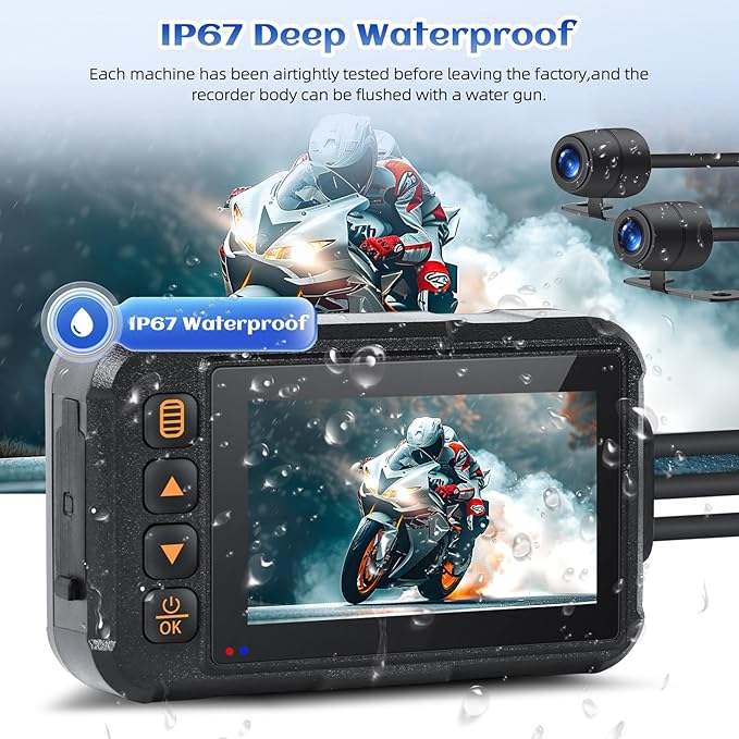 Motorcycle Dash Cam Dual HD Camera Front and Rear View,3" IPS Screen 720P IP67 Waterproof 150° Wide Angle Sportbike Recording DVR with G-Sensor,Loop Recording,Night Vision,Parking Monitor+32G SD