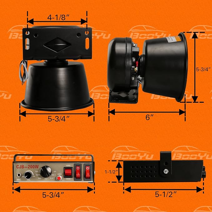 12V 200W 9 Tones Police Warning Emergency Siren PA System [Black Steel Speaker][125-135dB][Handheld Microphone][Hands-Free][2 x 10A Switches] for Firefighter Ambulance Vehicles Truck SUV ATV UTV