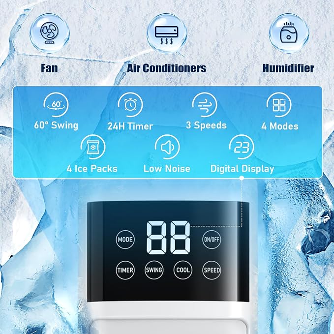 Evaporative Air Cooler, 3-in-1 Portable Air Conditioners for Room, 4 Modes 3 Speeds, Fast Cooling Portable AC Unit/24H Timer, Remote Oscillating Tower Fan, Quiet Swamp Cooler for Bedroom Office