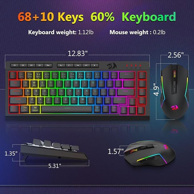 Redragon Wireless Gaming Keyboard and Mouse Combo, Bluetooth/2.4G/USB-C Wired, RGB Backlit, 60% Portable Quiet Rechargeable Macro Membrane Keyboard & 12800 DPI Mouse with Software for Win/MAC