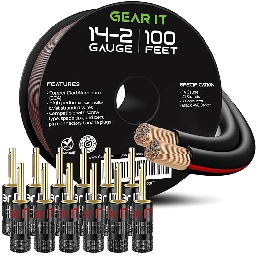 GEARit 14 Gauge Speaker Wire with Banana Plugs,100ft Speaker Cable with Foot Markers & Polarity Markings,14 Gauge Wire for Car Audio & Home Theater,Audio Cable for DIY Installations,CCA(Black,6 Pairs)