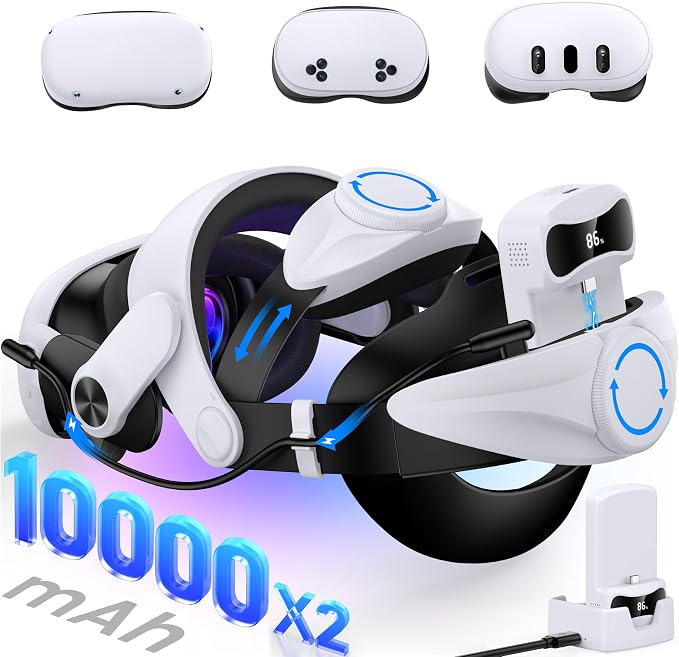 Head Strap for Meta Quest 3/3S/2-10000mAh×2 Hot Swappable Batteries & Charging Dock - VR Headset Strap Enhanced Support, Adjustable VR Headset Accessories for Oculus - MQ3004