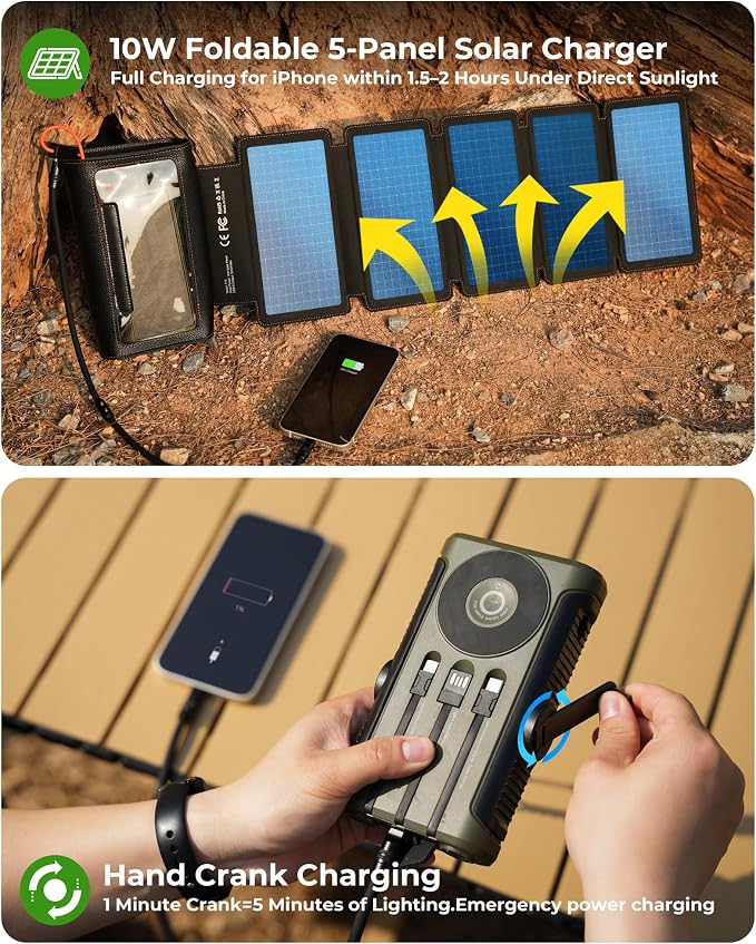 Solar Charger Power Bank 20000mAh: 10W Foldable 5 Solar Panels Pack and Hand Crank Portable Wireless Charger PD QC 3.0 Fast Charging USB C Battery Pack with Flashlight for Camping Travel