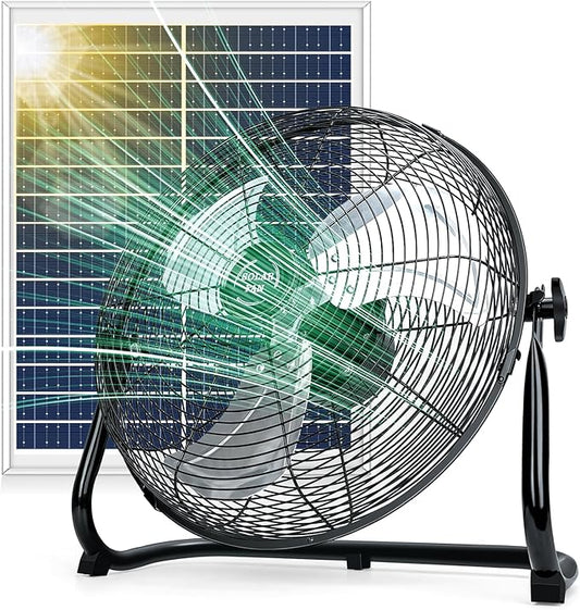 DBF 18" Solar Powered Fan Outdoor - Rechargeable Long Lasting Battery Cordless Floor Fan with 30W Solar Panel & AC Charging, High Velocity Metal Industrial Portable Fans for Outside Home Camping RV