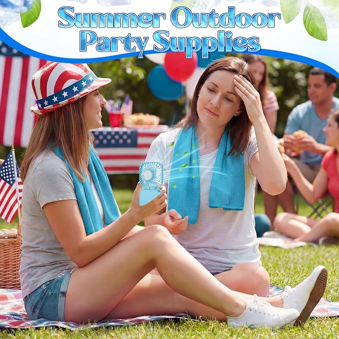 Hortsun 12 Personal Necklace Fan 12 Cooling Towels USB Rechargeable Battery 3 Speed Handheld Fan Portable Neck Hanging Fans Cooling Rags Bulk for Yoga, Sport, Camping, Fitness(Blue)