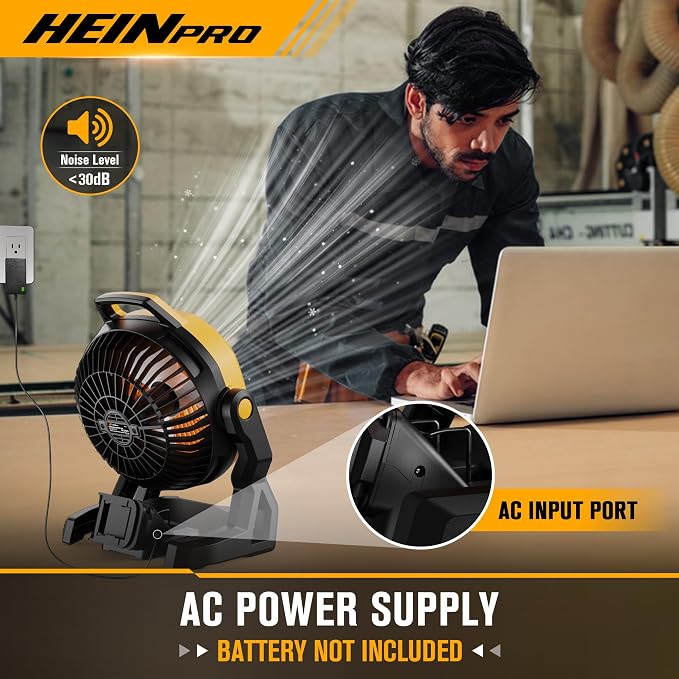 HEINPRO Portable Fan Battery Powered, Compatible with Dewalt 20V Max Battery, 650CFM Camping Travel Fan with Variable Speed, Silent Low Noise, for Workshop Garage Jobsite Use, AC Adapter Included