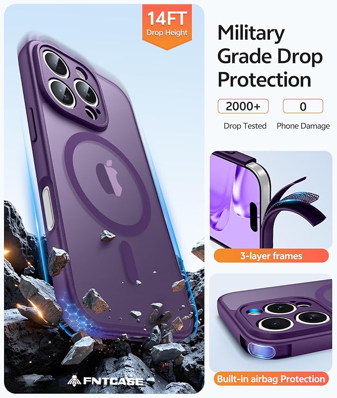 FNTCASE for iPhone 16 Pro Case: [Compatible with Magsafe] Translucent Matte Cases with [Full Camera Protection] [Screen Protector] Military Grade Shockproof Protective Phone Cover - Purple
