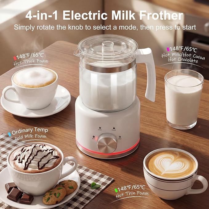 Milk Frother, 16.9 OZ Milk Frother and Steamer, 4 in 1 Electric Milk Frother Dishwasher Safe Durable Silent Frother for Coffee Hot and Cold Foam Maker (White Glass)