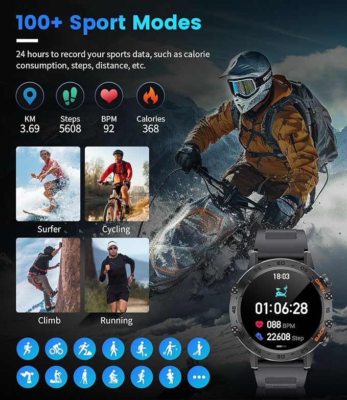 SUNKTA Military Men's Smart Watch (Answer/Dial Calls),100 Sports Modes, 5ATM Waterproof Fitness Watch with Heart Rate/SpO2/Blood Pressure for Android and iOS,1.39''HD Full Screen Smartwatch,Leather
