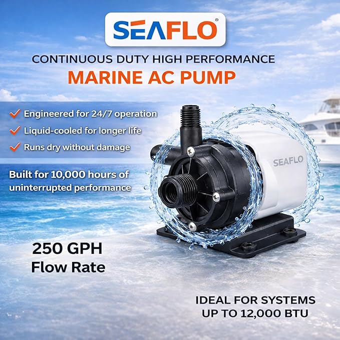 SEAFLO 250 GPH Marine Air Conditioning Pump 230V, 5 GPM Magnetic Drive Circulation Pump, 13 ft Head, Continuous Duty HVAC Pump for AC Systems up to 10,000 BTU, 4-Year Warran