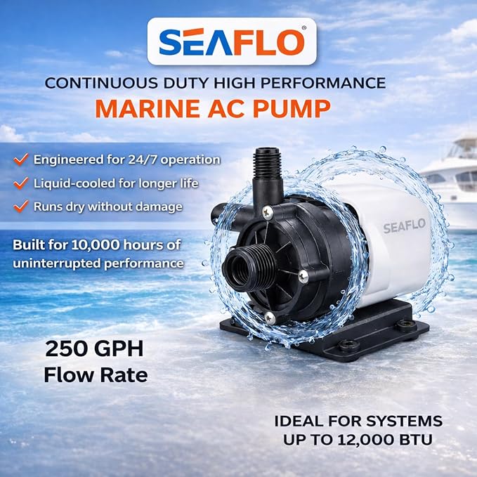 SEAFLO 250 GPH Marine Air Conditioning Pump 115V, 5 GPM Magnetic Drive Circulation Pump, 13 ft Head, Continuous Duty HVAC Pump for AC Systems up to 10,000 BTU, 4-Year Warranty