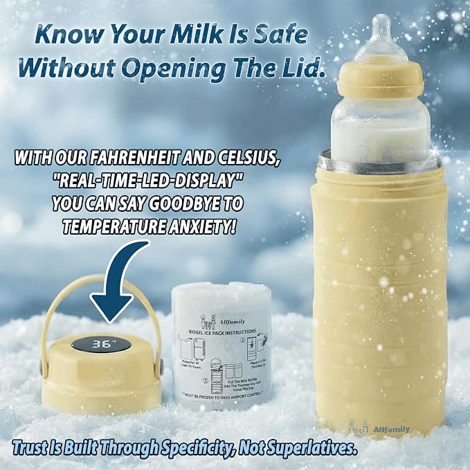 4ALLFAMILY 22oz Breast Milk Cooler Travel Bag – Larger Capacity Stores 2x11oz Bottles for More Milk - 24+ Hour Biogel Cooling & TSA-Compliant - Breastmilk Cooler Storage with Silicone Nipples – Ivory