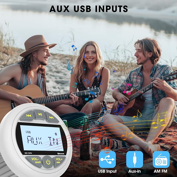 Bluetooth Marine Stereo Receiver: Waterproof Gauge Radio System - Digital MP3 Player 2.8 Inch LCD Display AM FM USB AUX Subwoofer for Boat ATV UTV Off-Road Vehicles