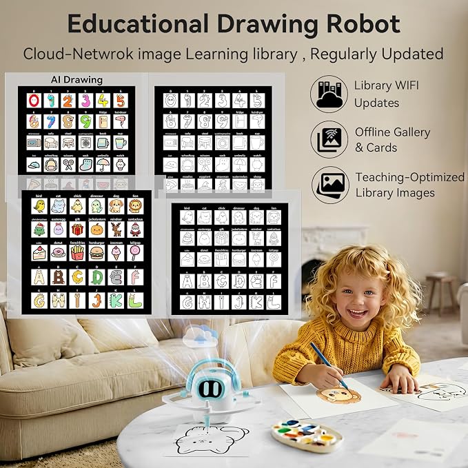 AI Drawing Robot for Kids, 10000+ Free AI-generated Images,Regularly updated image library,Educational Learning Toys for Boys & Girls Ages 3-8 ,AI Enlightenment Painting Toy for Birthday Gift (Cyan)