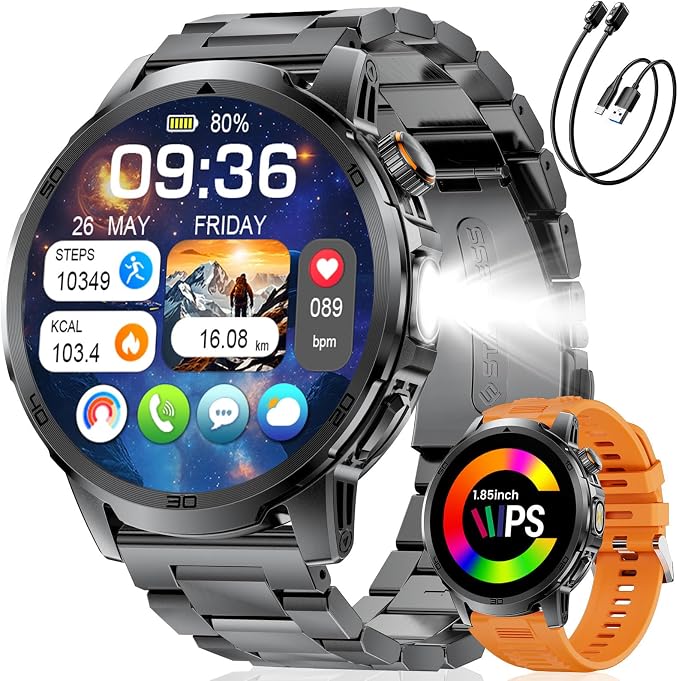 Military Smart Watch for Men Answer/Make Call, 1.85'' HD Rugged Smartwatch with 1000mAh Battery/Flashlight/Heart Rate/110+ Sports Mode, IP68 Waterproof Fitness Tracker Watch for Android iPhone