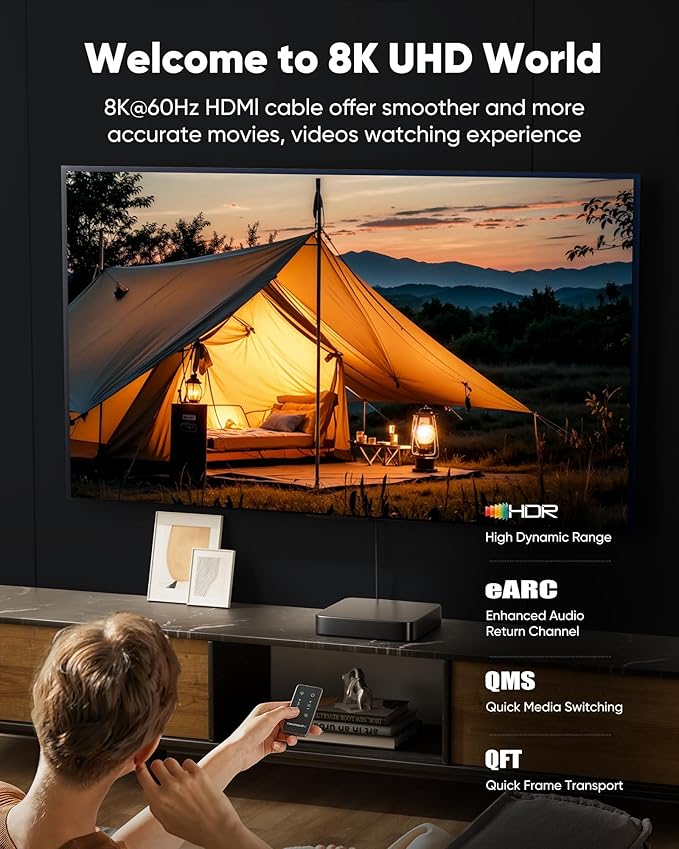 Capshi 30ft 8K 4K@120Hz HDMI Cable 2.1, 48Gbps High Speed Cord for PS5/4, TV, Gaming Console, Monitor, 8K@60Hz, 2K@240Hz, 144Hz, Support HDR, eARC, DTS:X, HDCP 2.2 & 2.3, Braided, Grey