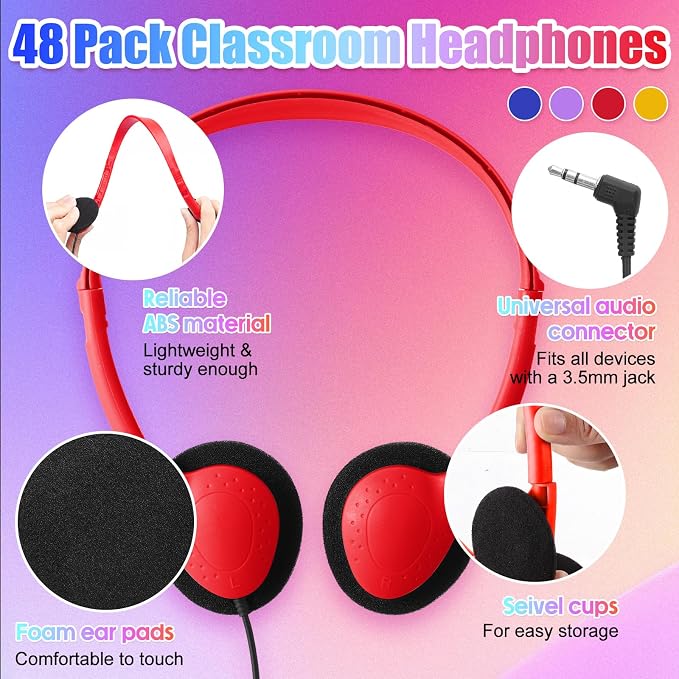 Frienda 48 Pack Classroom Headphones Bulk, Wired School Headsets for Students, Stereo Headphones with 3.5 mm Plug for Classroom, Online Learning, Library(Classic,Navy, Red, Yellow, Purple)