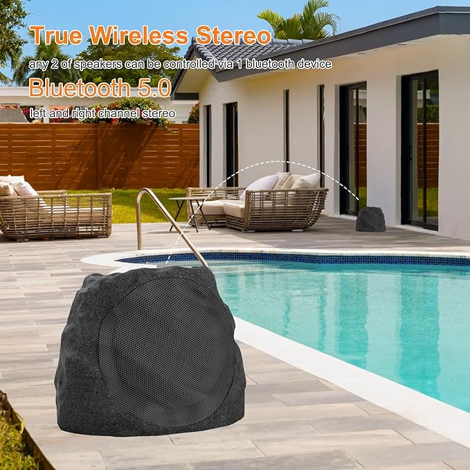 Outdoor Speakers Solar Powered & USB-C Rechargeable, Rock Speakers TWS Pairing Wireless Outdoor Speaker Bluetooth 5.4, LED Light Show, Waterproof, ideal for Backyard BBQ, Garden, Poolside (2-Pc,Black)
