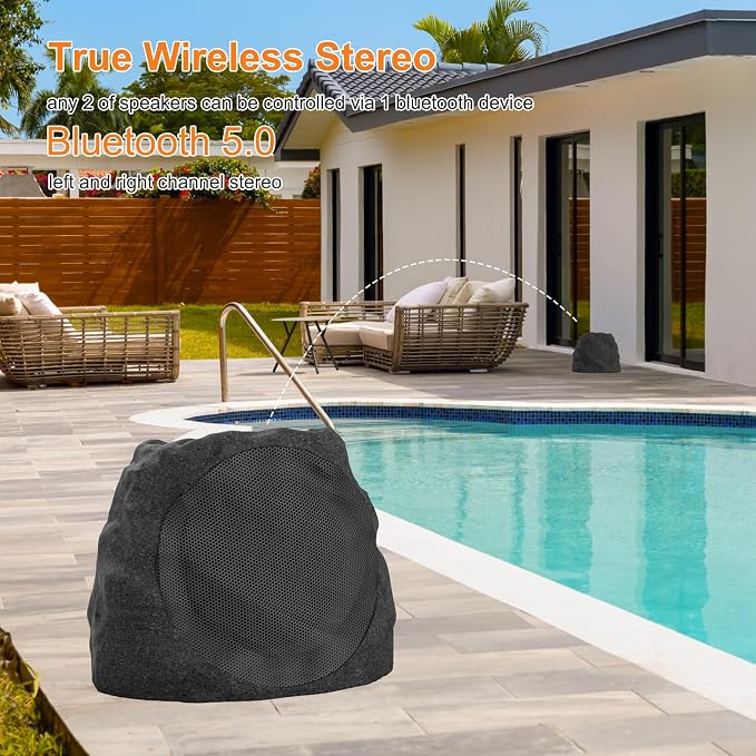 Outdoor Speakers Solar Powered & USB-C Rechargeable, Rock Speakers TWS Pairing Wireless Outdoor Speaker Bluetooth 5.4, LED Light Show, Waterproof, ideal for Backyard BBQ, Garden, Poolside (2-Pc,Black)