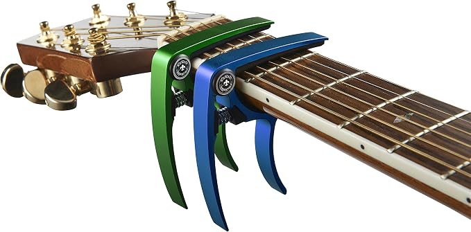 Guitar Capo (2 Pack) for Acoustic Guitars, Ukulele, Banjo, Mandolin, Bass - Made of Ultra Lightweight Aluminum Metal (1.2 oz!) for 6 & 12 String Instruments - Nordic Essentials (Green+Blue)