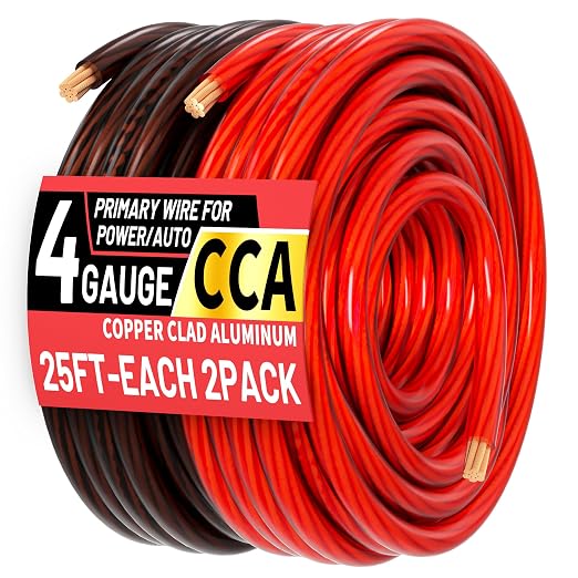 energeaster 4 Gauge Each-25ft Black/Red CCA Wire, Low Voltage Primary Automotive or Ground Cable, Battery Cable, 4AWG, Car Audio, RV, Car Amplifier Power, Amp Wiring Kit, Translucent Jacket