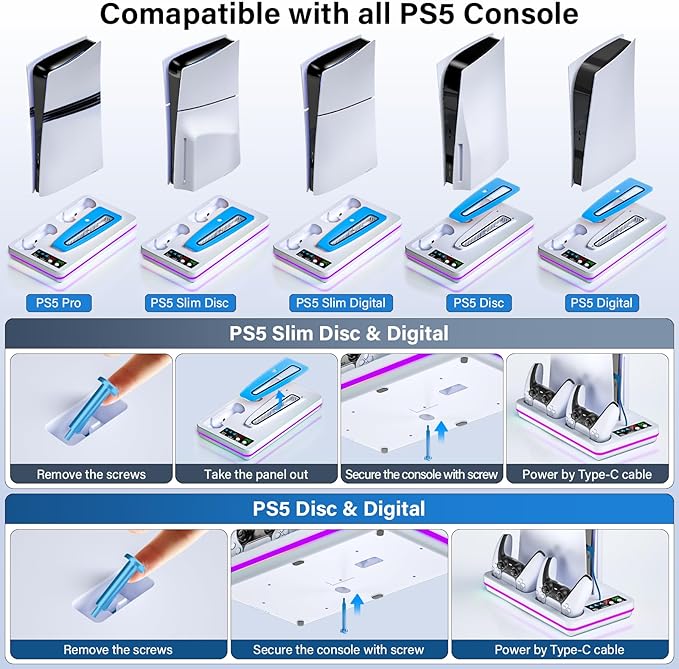 Fegliea PS5/PS5 Slim Stand with Cooling Station, PS5 Cooling Stand with Dual Controller Charging Station for PlayStation 5 Disc & Digital Console, PS5 Accessory with 10 LED Light, 3-Level Cooling Fan