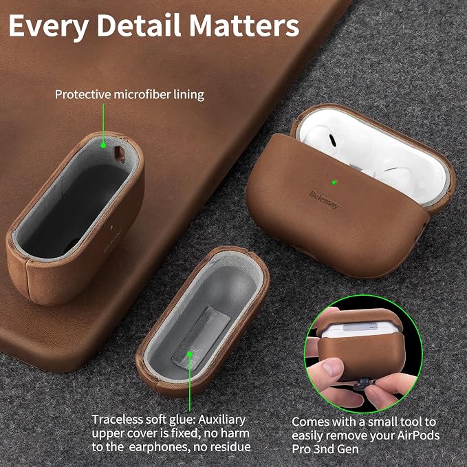 Belemay Handcrafted Crazy Horse Leather Case for AirPods Pro 3rd Gen (2025), Vintage Aesthetic, Two-Tone Effect, Unique Patina, Compatible with MagSafe, Compatible with Airpods Pro 3, Vintage Brown