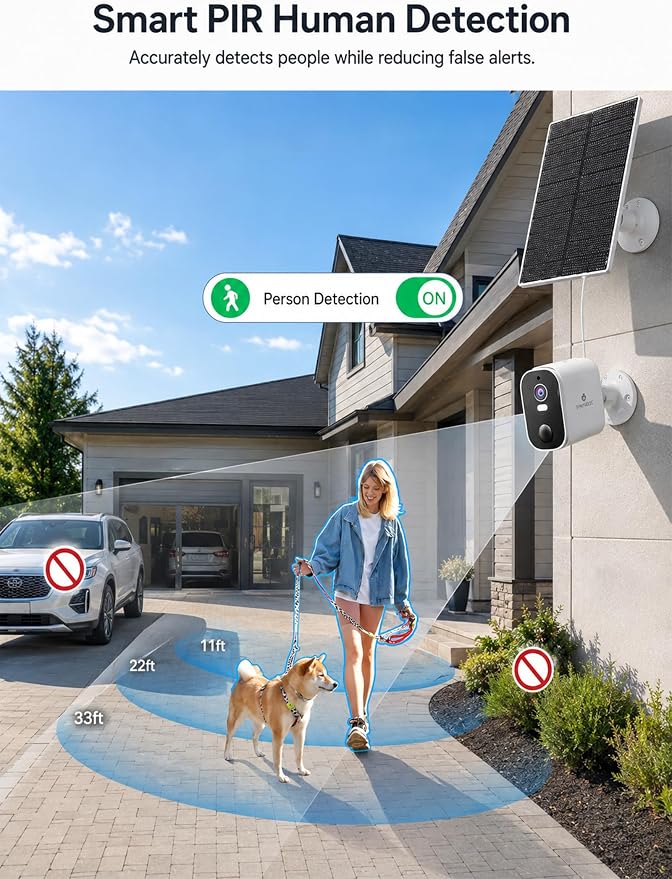 SYMYNELEC 2K Solar Security Cameras Wireless Outdoor, 4-Pack | No Monthly Fee, 100% Wire-Free, Color Night Vision, PIR Person Detection, IP65 Waterproof, Compatible with Alexa, 2.4GHz WiFi