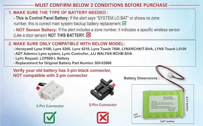 Replacement Battery 3700mAh 300-03866 LCP500-4B for Honeywell Lynx 5100 5200 5210 5300 Plus Lynx Touch 7000 Security Alarm System Lyric Keypad LCP500-L Fix Low Battery Power Alert Control Panel