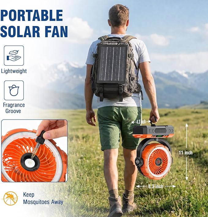 Rechargeable Solar Powered Camping Fan & Auto Oscillating, 【60H Runtime】Battery Powered Fan, Portable Outdoor Fan,5 Speeds,3 Lights,12H Timer for Travel, Fishing,Jobsite,Beach,Camping Essential
